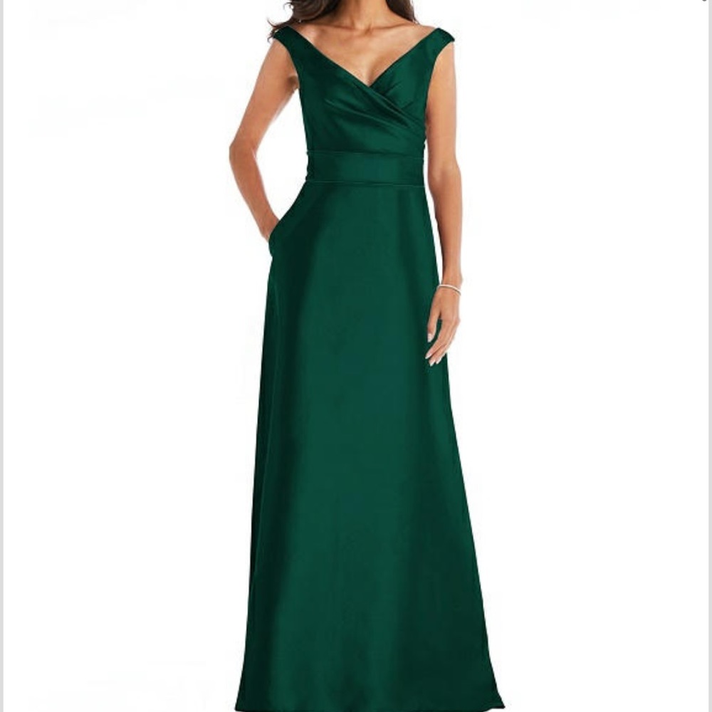 Alfred Sung Off-the-Shoulder Draped Wrap Satin Maxi Dress Sz 10